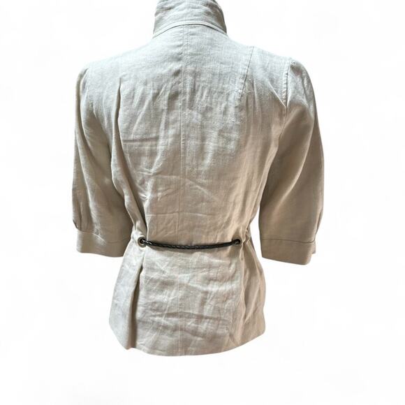ZARA WOMAN Beige Linen Utility Jacket Safari Style Leather Belted Office Medium - Picture 3 of 7